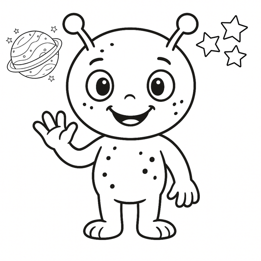 Cartoon alien character with antennas, a planet, and stars on a white background