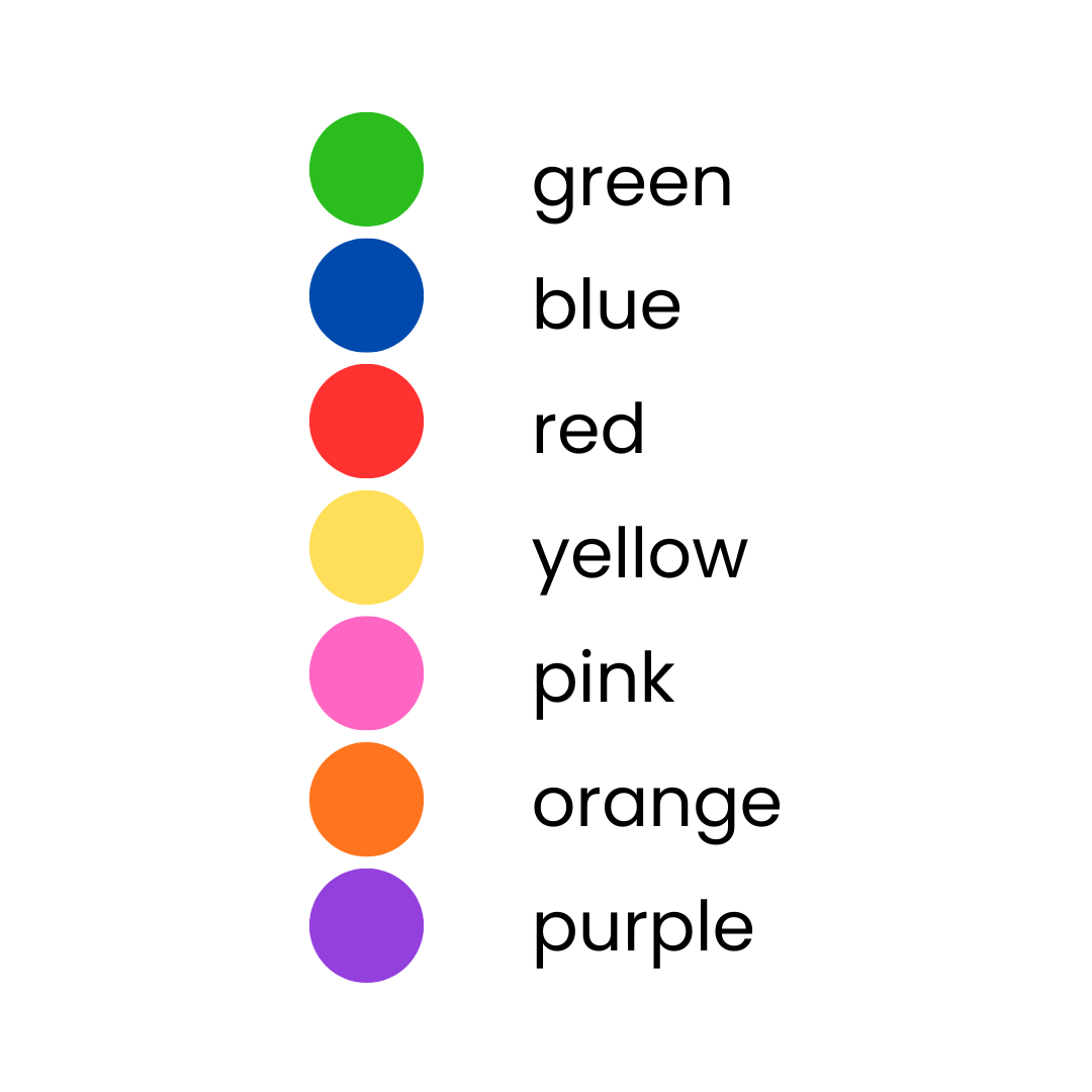 List of colors with corresponding labels on a white background