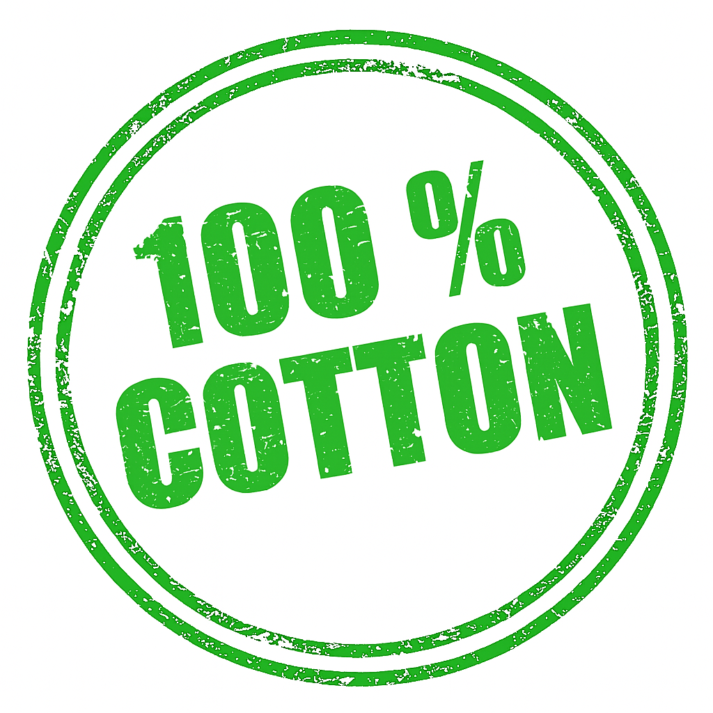 Green '100% Cotton' stamp on a white background