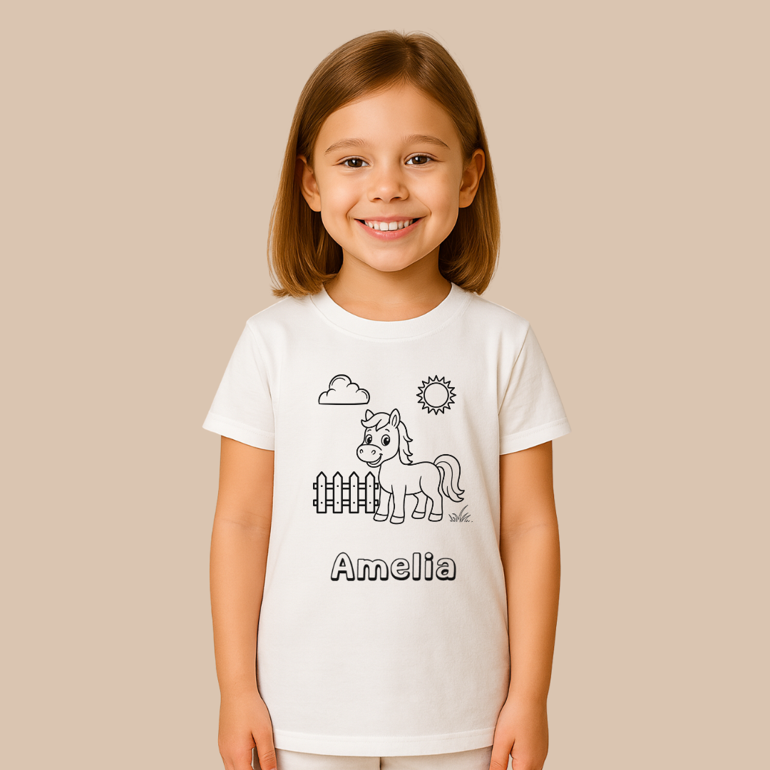 Child wearing a white t-shirt with a horse graphic and 'Amelia' text on a beige background
