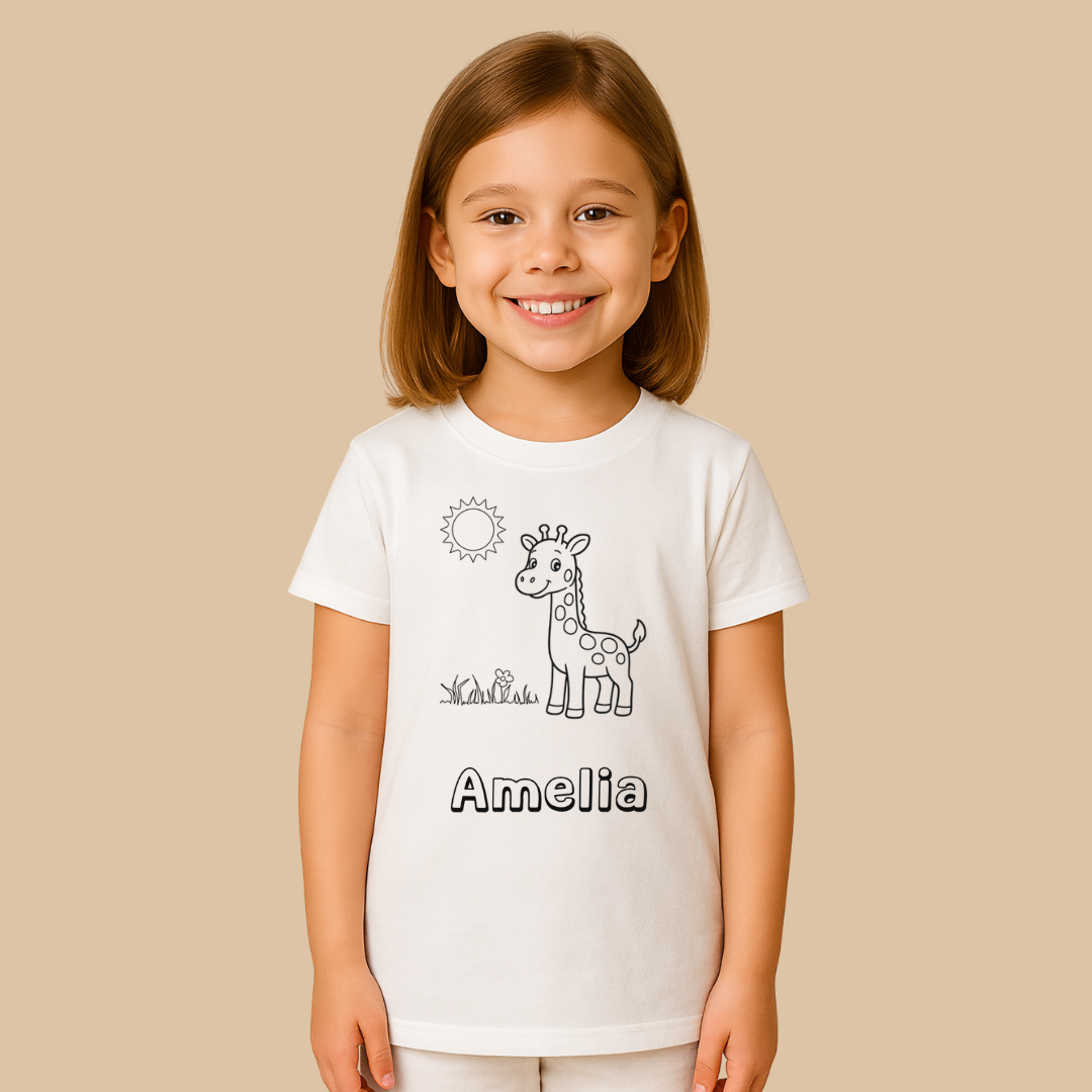 Child wearing a white t-shirt with a giraffe illustration and the name 'Amelia' on a beige background