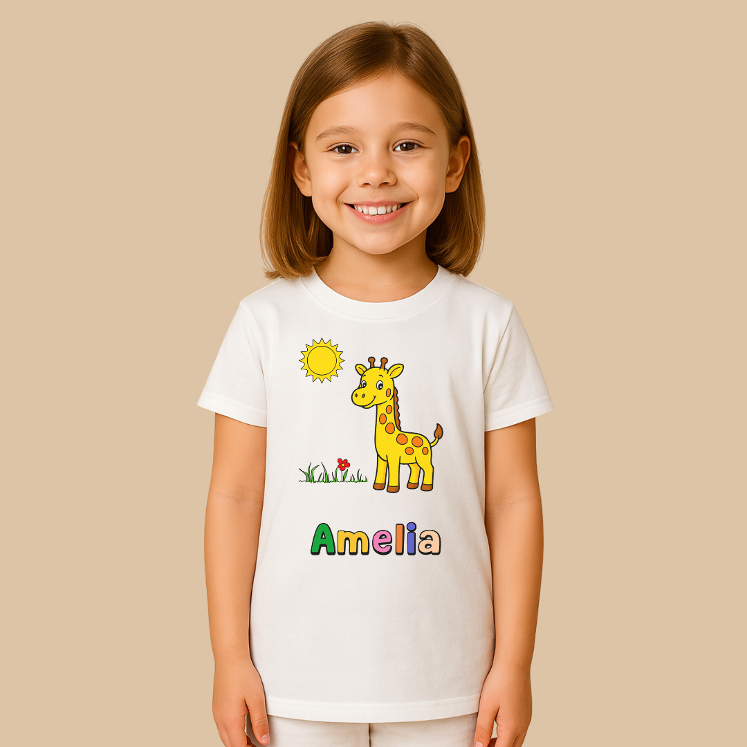 Child wearing a white t-shirt with a giraffe graphic and the name 'Amelia' on a beige background