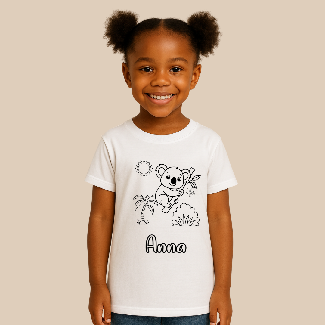 Child wearing a white t-shirt with a koala design and the name 'Anna' on a beige background