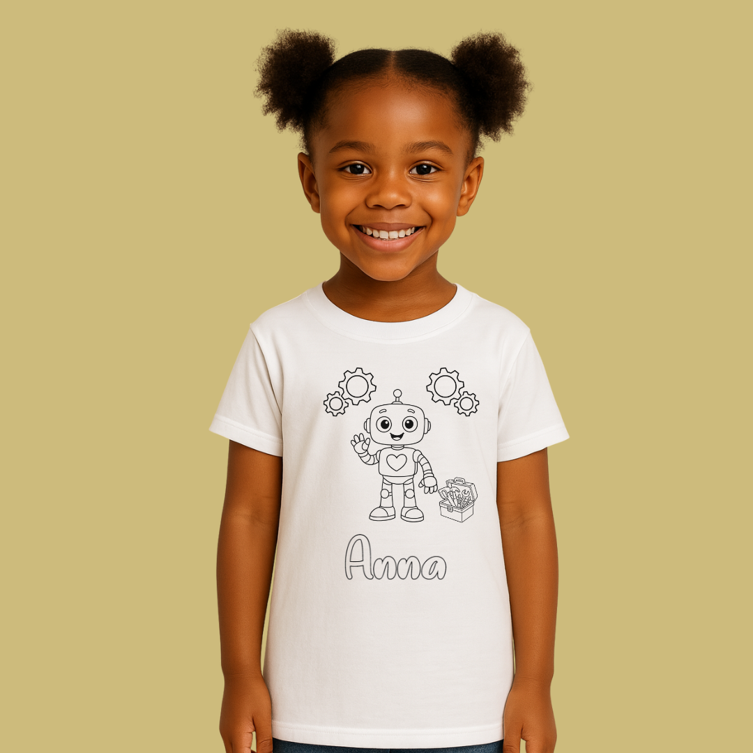 Child wearing a white t-shirt with a robot design and the name 'Anna' on a beige background