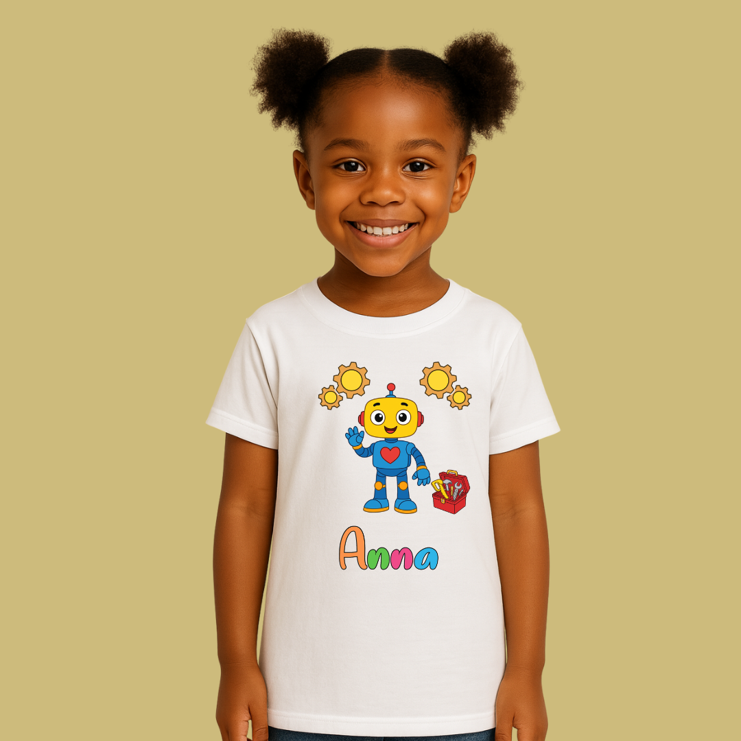 Child wearing a white t-shirt with a robot design and the name 'Anna' on a beige background
