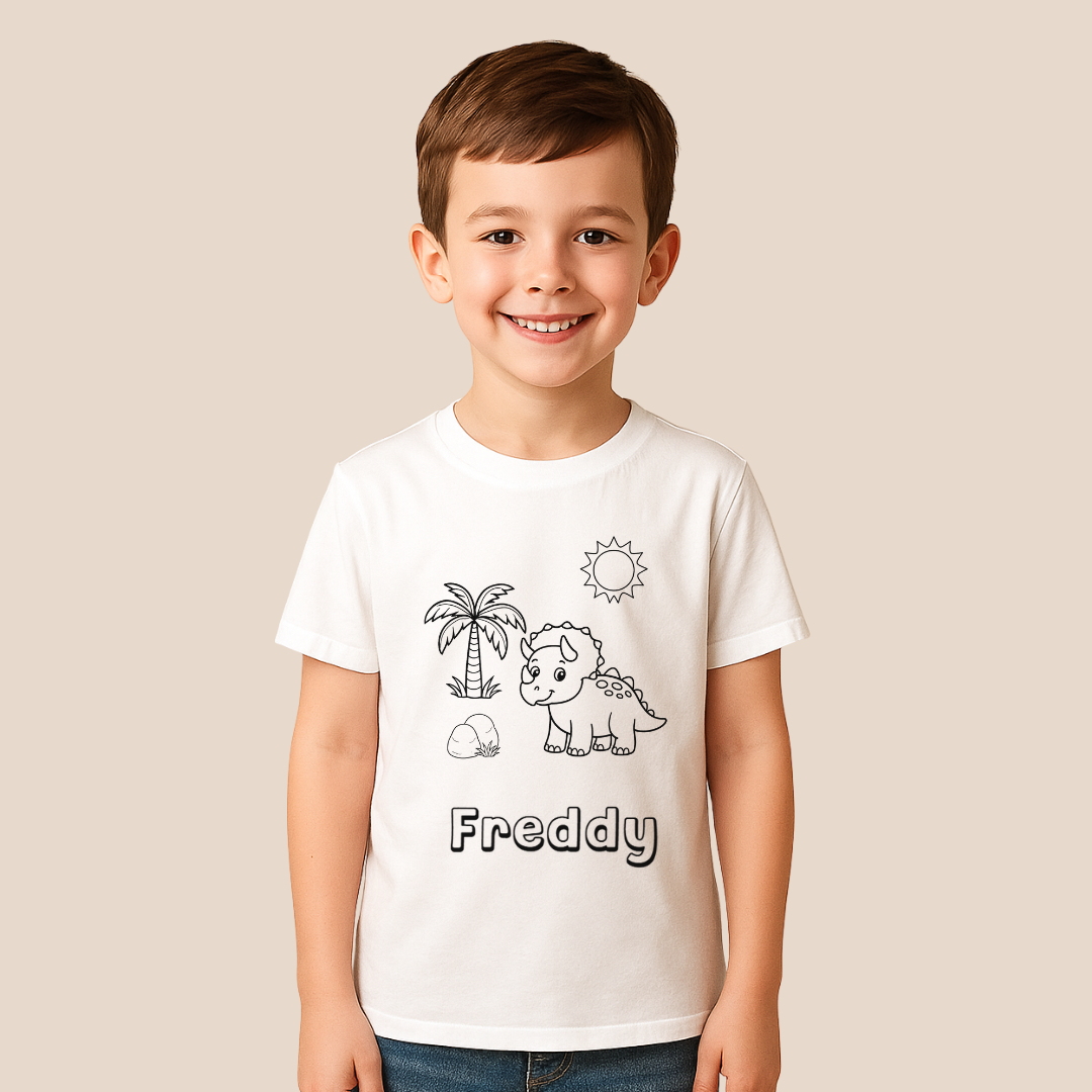 Child wearing a white t-shirt with a dinosaur design and 'Freddy' text on a beige background