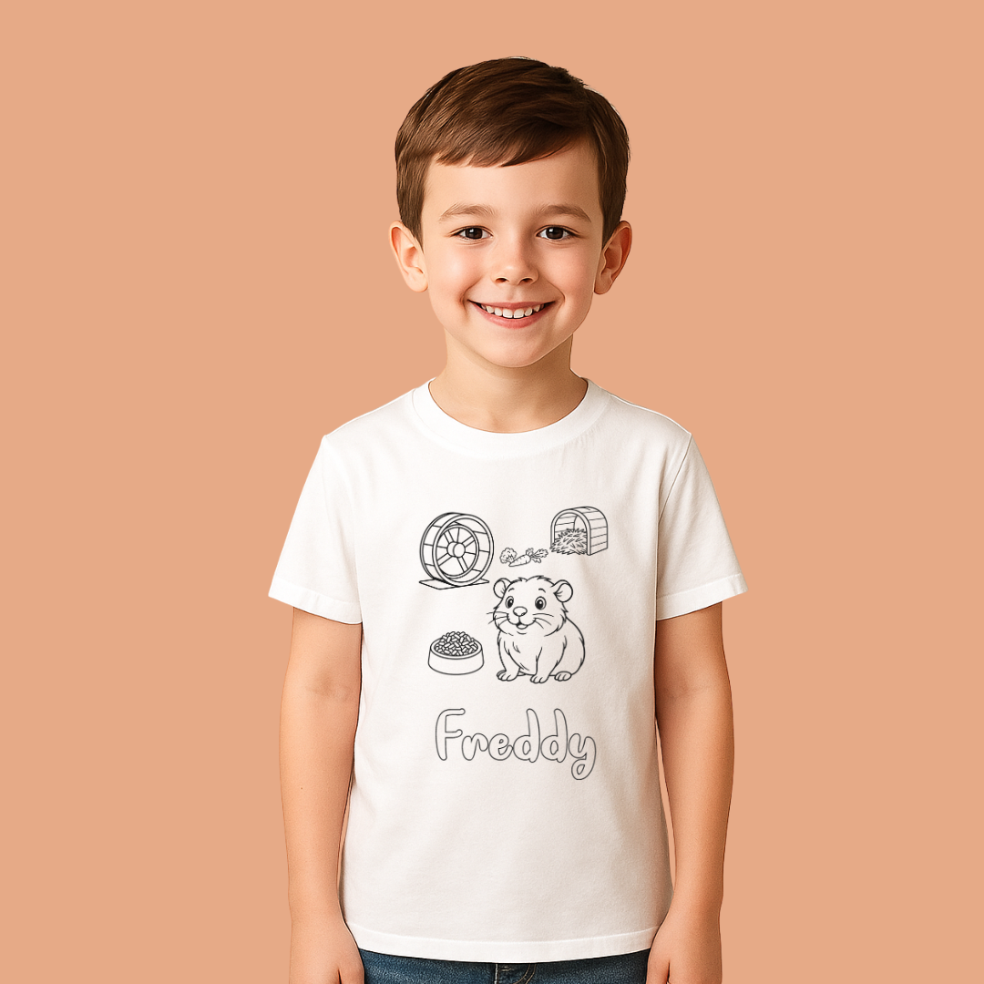 Child wearing a white t-shirt with a hamster graphic and 'Freddy' text on a beige background