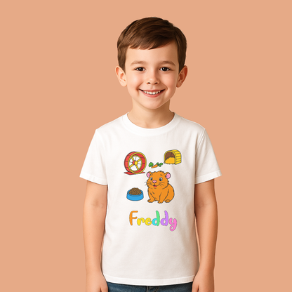 Child wearing a white t-shirt with a hamster graphic and 'Freddy' text on a beige background