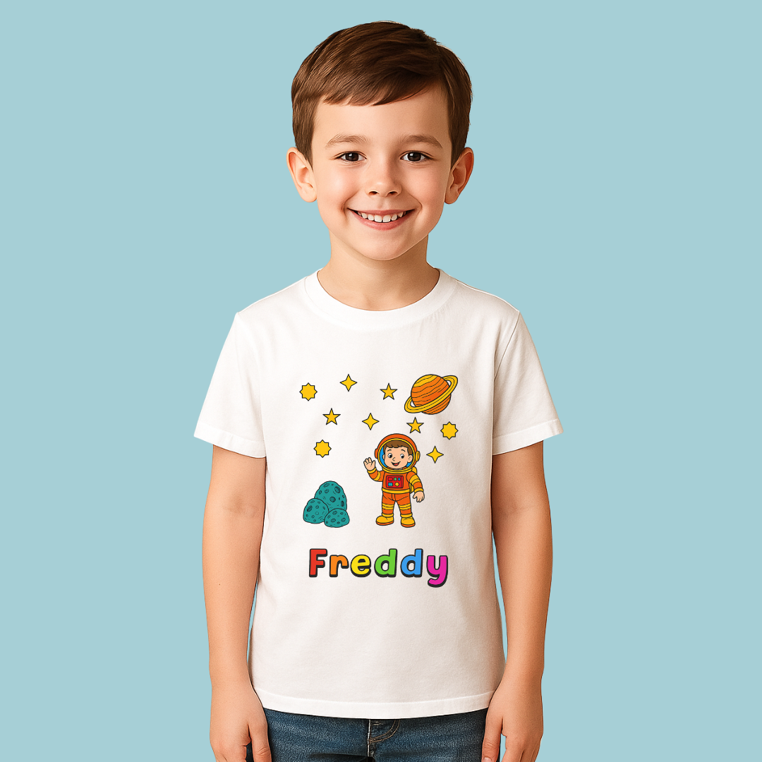 Child wearing a white t-shirt with a colorful graphic and 'Freddy' text on a light blue background