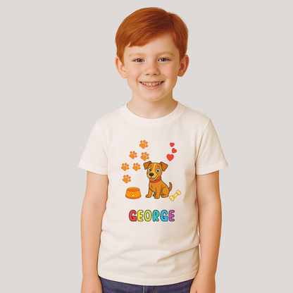 Child wearing a white t-shirt with a cartoon dog and colorful text on a plain background