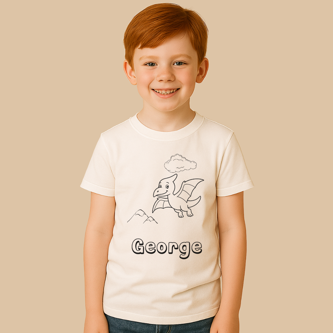 Child wearing a white t-shirt with a dragon design and the name 'George' on a beige background