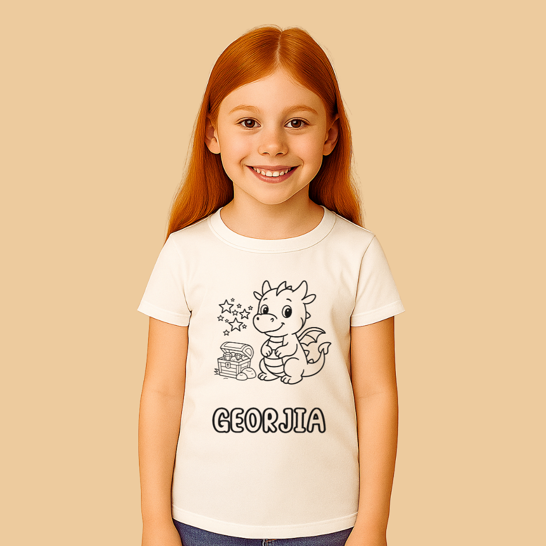 Young girl wearing a white t-shirt with a dragon design and 'GEORGIA' text on a beige background