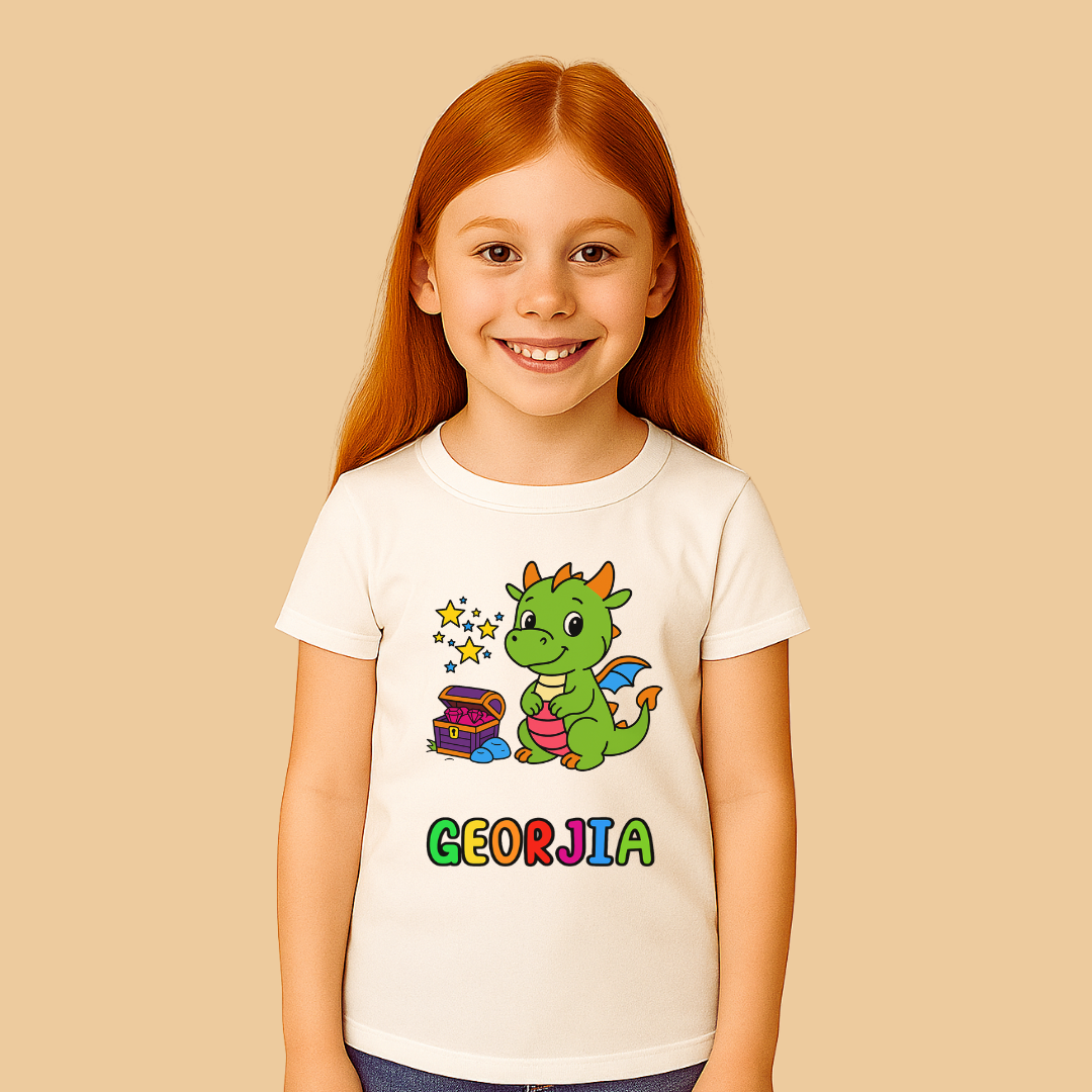 Young girl wearing a white t-shirt with a colorful dragon design and the name 'GEORGIA'.