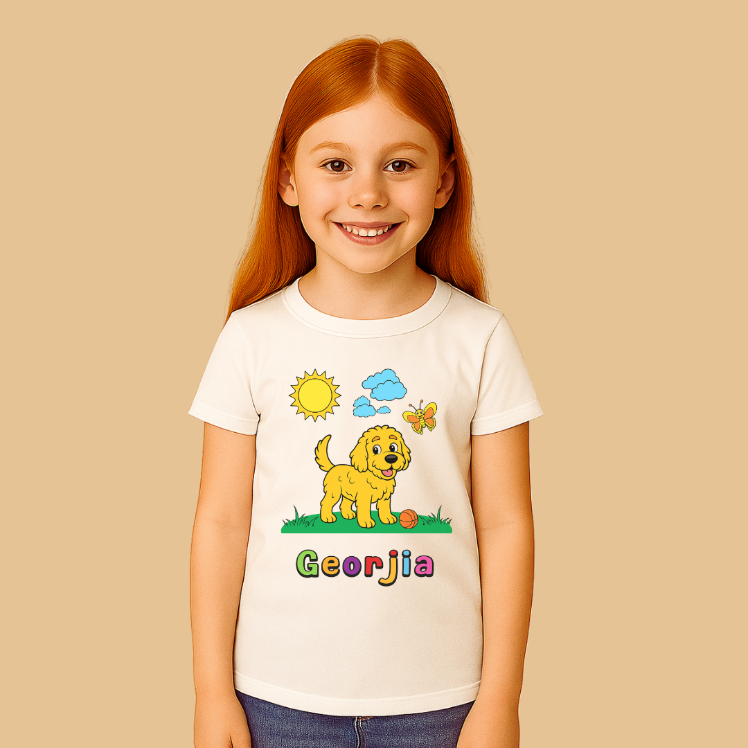 Child wearing a white t-shirt with a cartoon dog and 'Georgia' text on a beige background