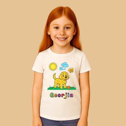 Child wearing a white t-shirt with a cartoon dog and 'Georgia' text on a beige background