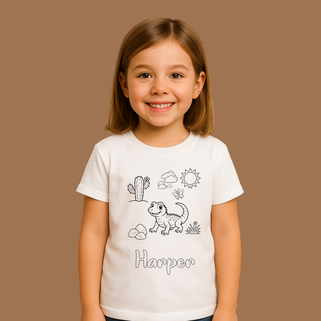 Young girl wearing a white t-shirt with a lizard graphic and 'Harper' text on a brown background