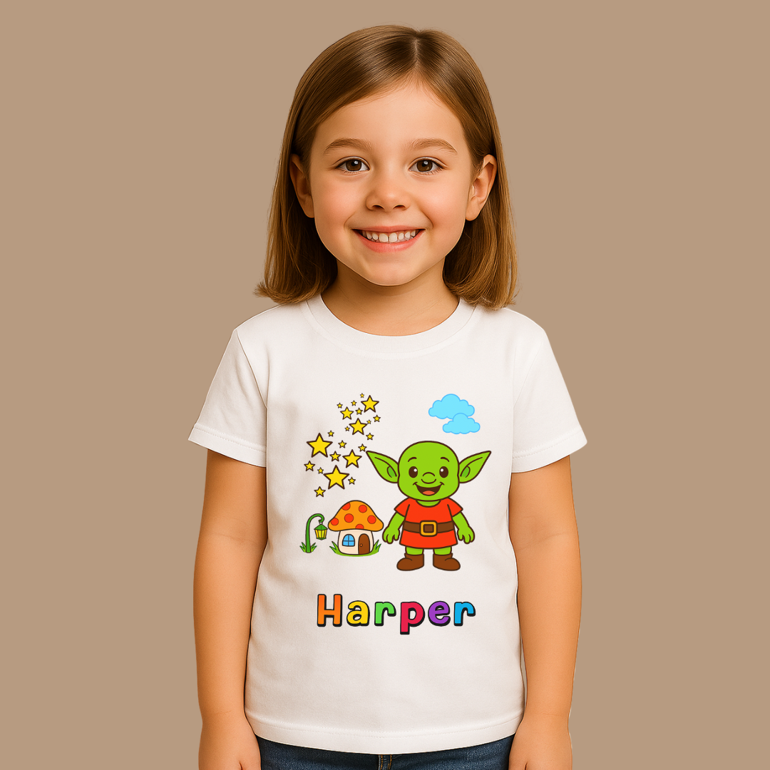 Child wearing a white t-shirt with a colorful graphic and the name 'Harper' on a beige background