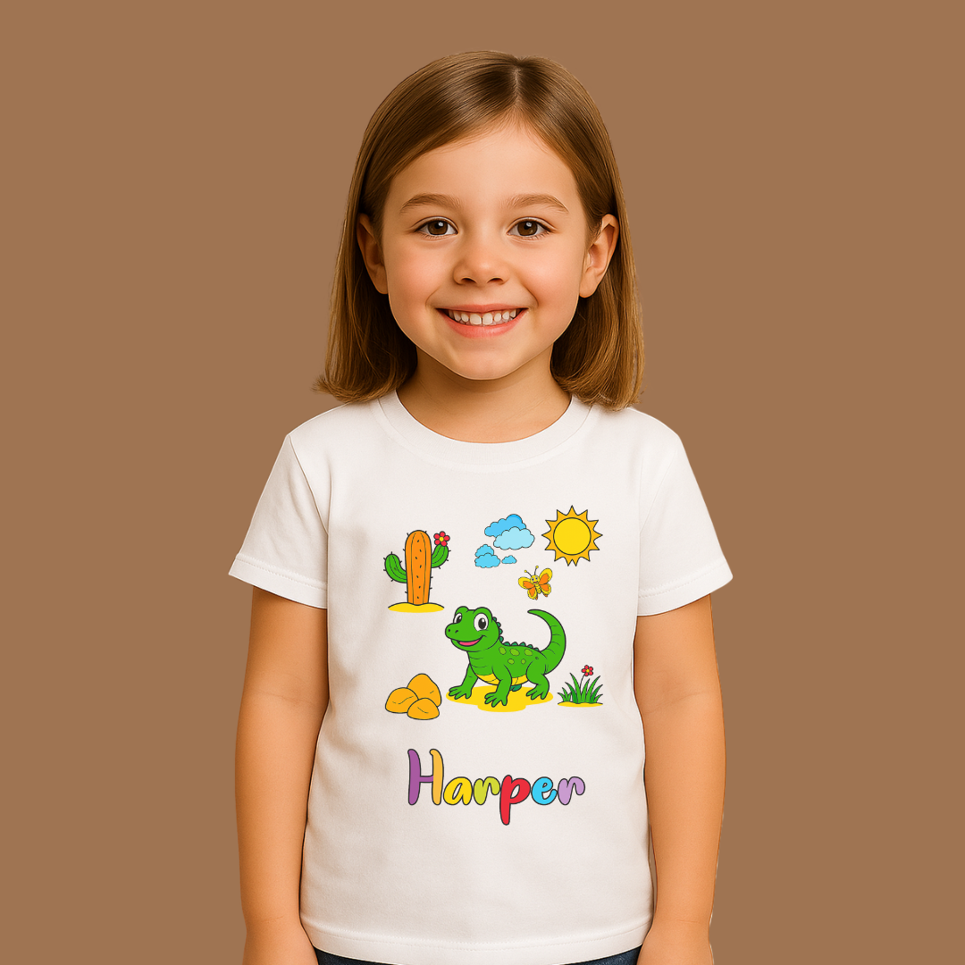 Child wearing a white t-shirt with colorful graphics and the name 'Harper' on a brown background