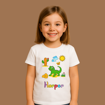 Child wearing a white t-shirt with colorful graphics and the name 'Harper' on a brown background