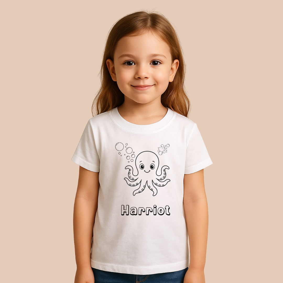 Child wearing a white t-shirt with an octopus design and the name 'Harriot'.