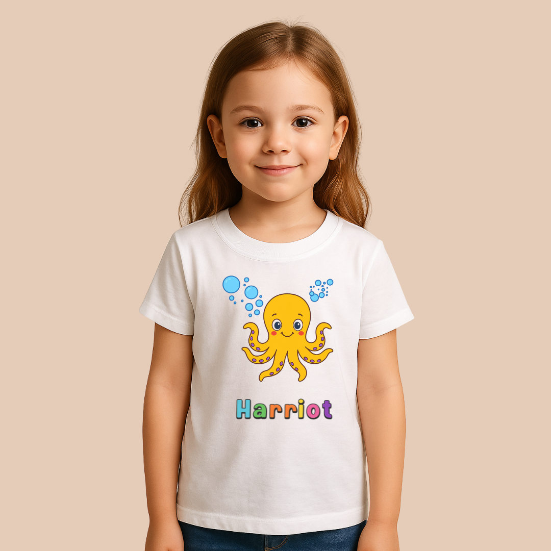 Child wearing a white t-shirt with an octopus design and the name 'Harriet' on a beige background