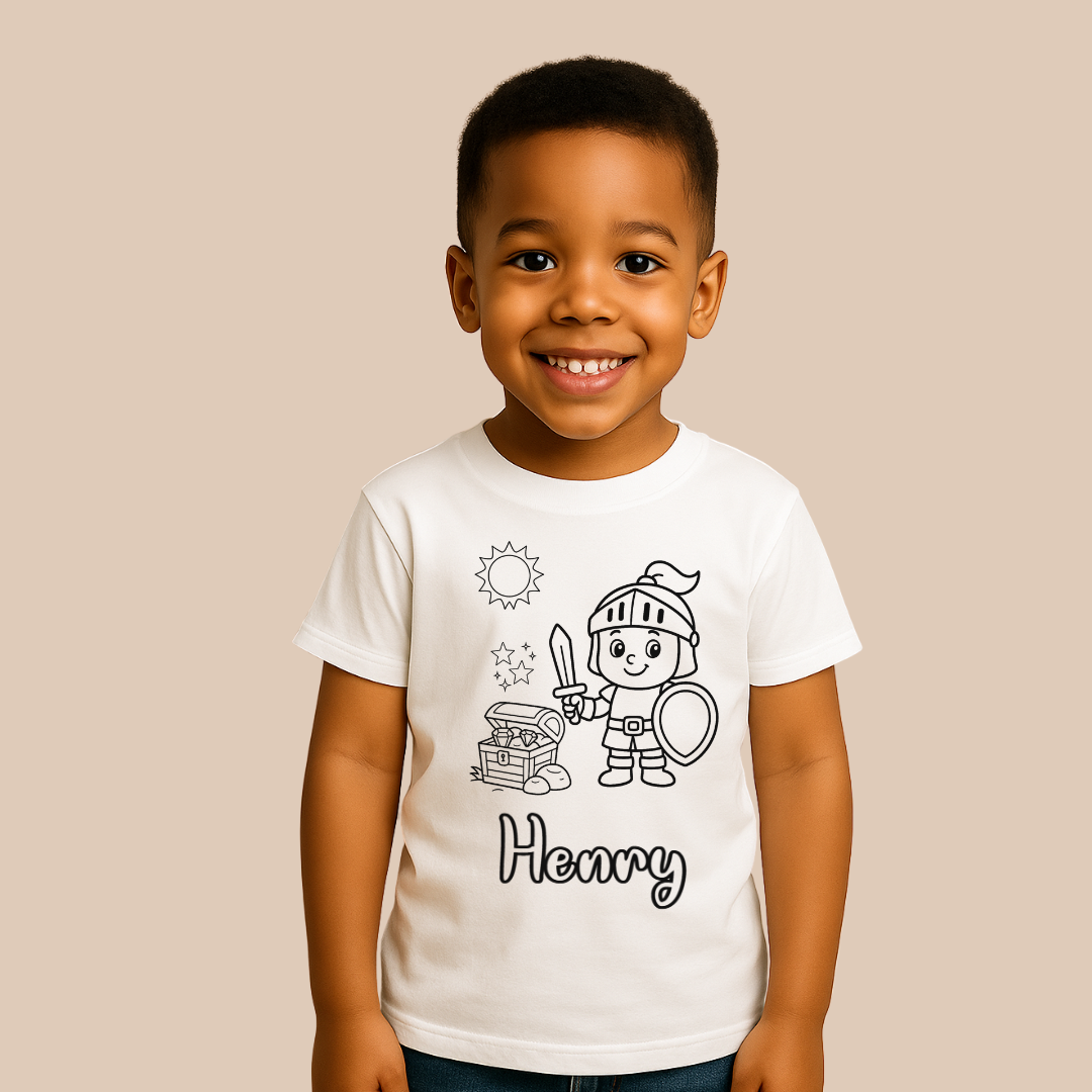 Child wearing a white t-shirt with a cartoon character and the name 'Henry' on a beige background