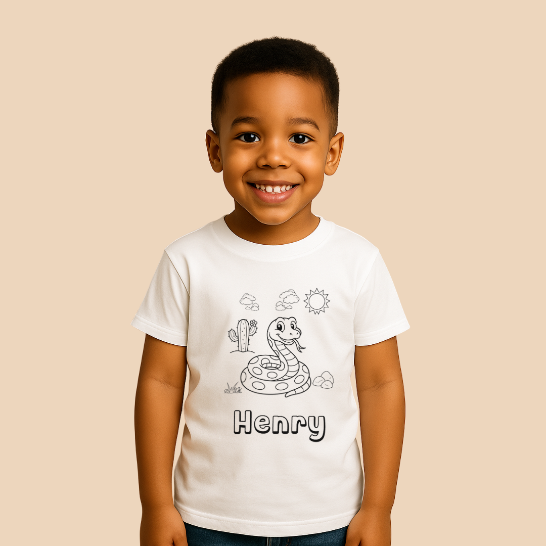 Child wearing a white t-shirt with a snake graphic and 'Henry' text on a beige background
