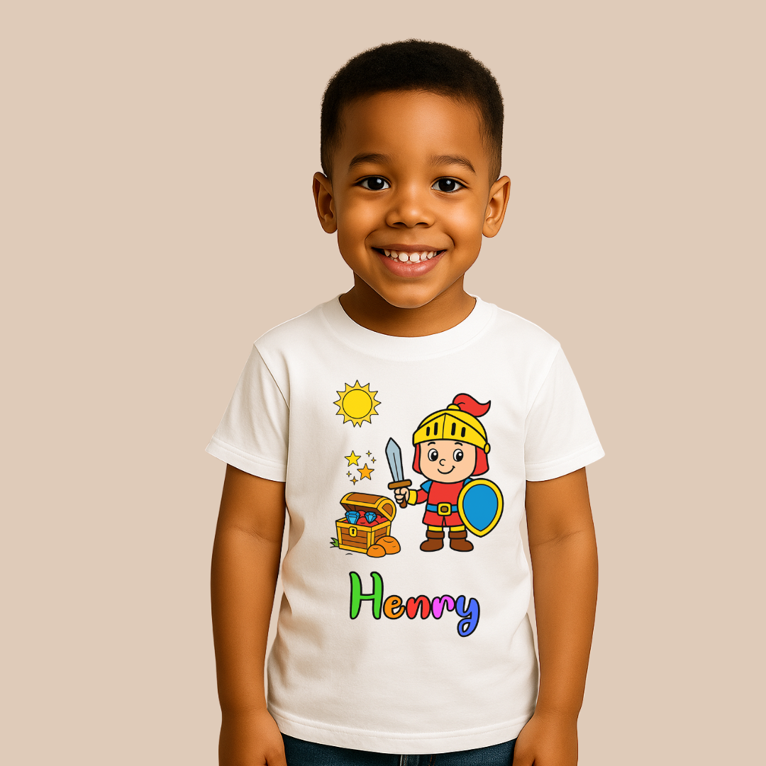 Child wearing a white t-shirt with a cartoon character and 'Henry' text on a beige background