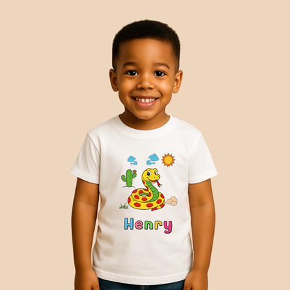 Child wearing a white t-shirt with a colorful snake design and the name 'Henry' on a beige background