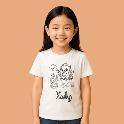 Child wearing a white t-shirt with a cartoon character and 'Katy' text on a beige background