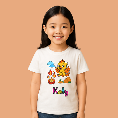 Child wearing a white t-shirt with a colorful design and name on a beige background