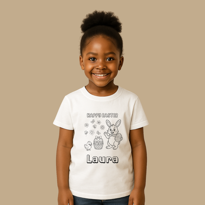 Child wearing a white t-shirt with 'Happy Easter Laura' design on a beige background