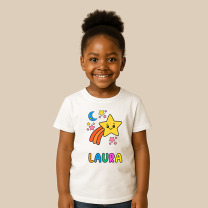 Child wearing a white t-shirt with colorful graphics and the name 'Laura' on a beige background
