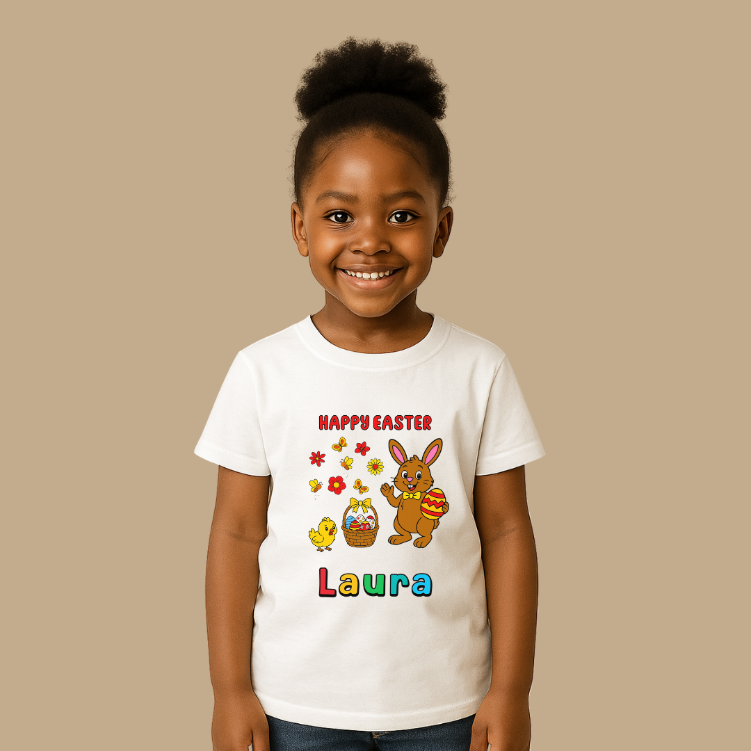 Child wearing a white t-shirt with Easter-themed graphics and text on a beige background