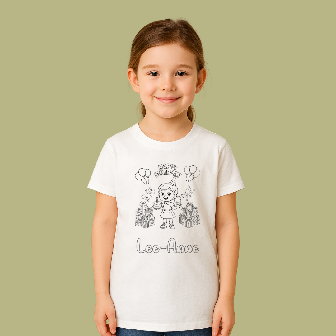 Young girl wearing a white t-shirt with a birthday design and text on a green background