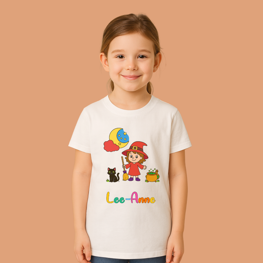 Child wearing a white t-shirt with colorful graphics and text on a beige background