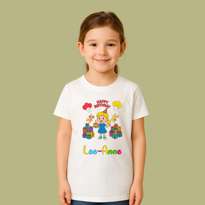 Child wearing a white t-shirt with a birthday-themed design and name on a beige background