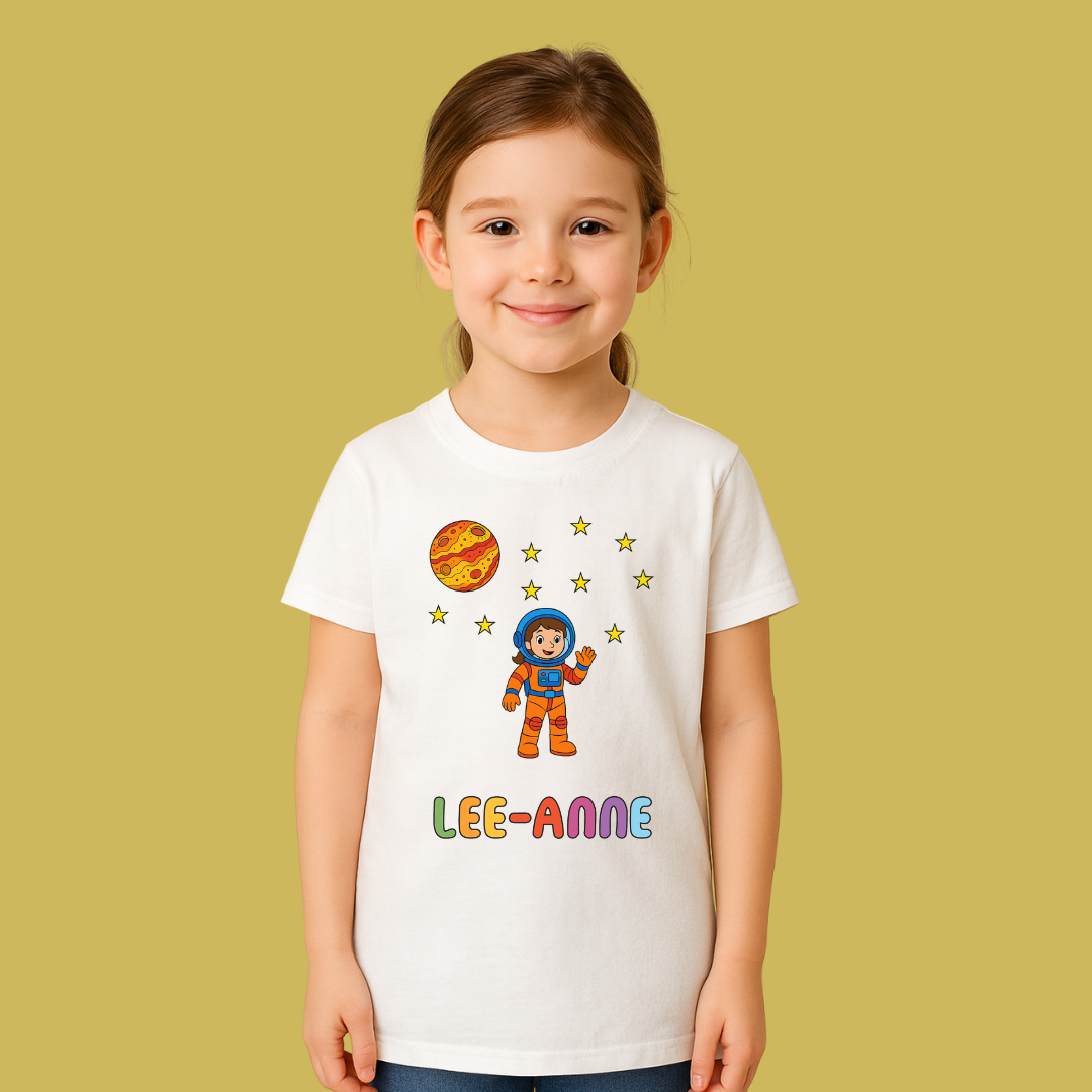 Child wearing a white t-shirt with an astronaut design and 'LEE-ANNE' text on a yellow background