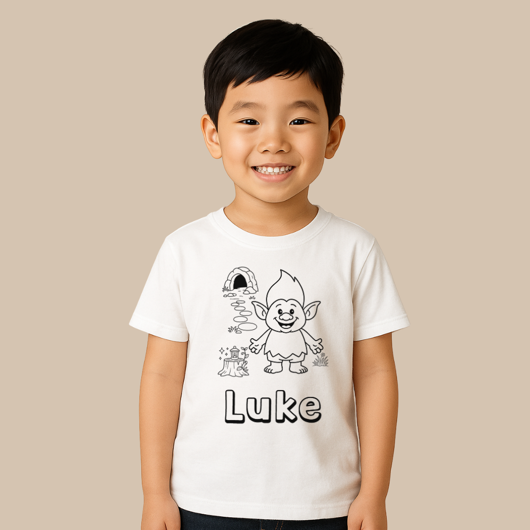 Child wearing a white t-shirt with a cartoon character and the name 'Luke' on a beige background