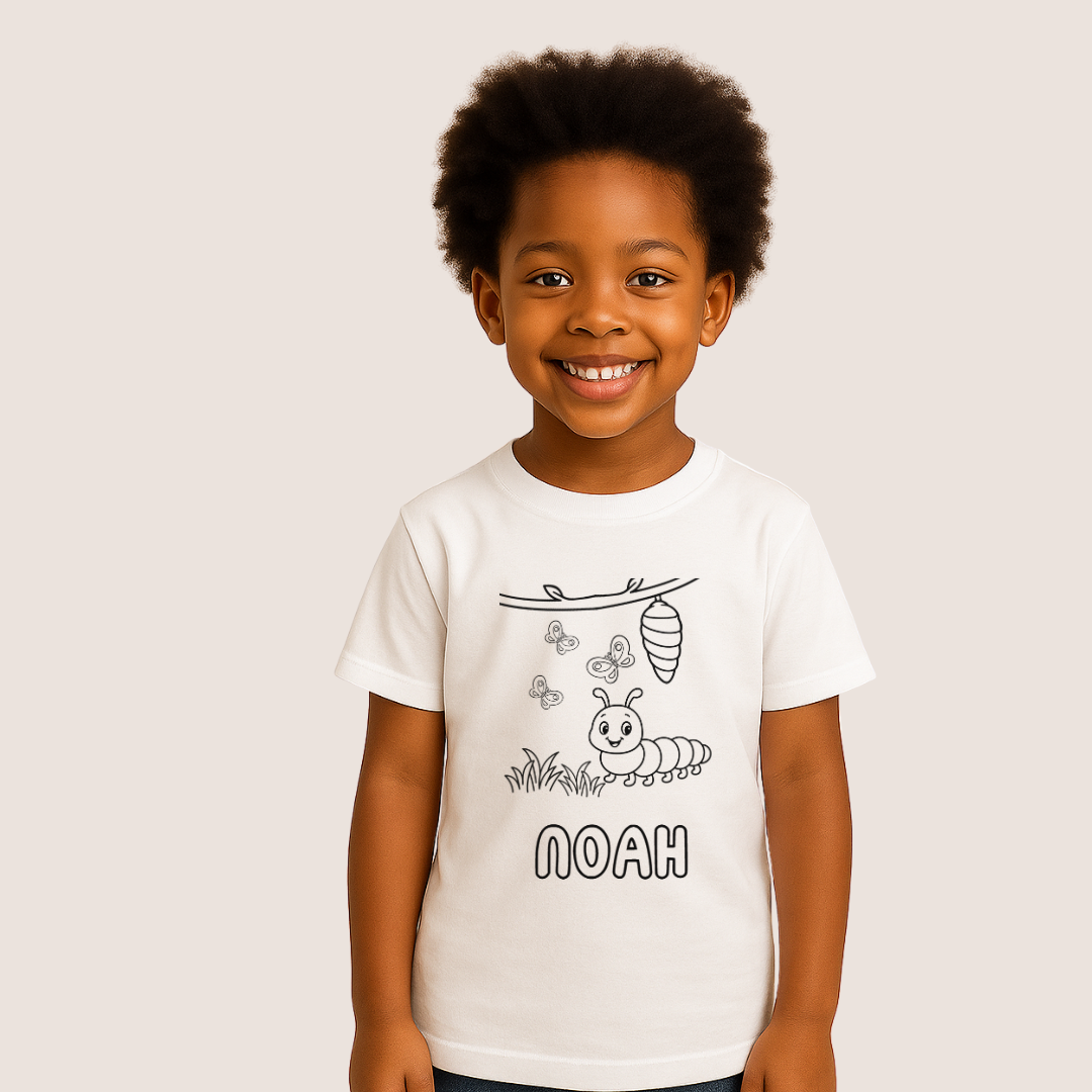 Child wearing a white t-shirt with a caterpillar graphic and the name 'Noah' on a plain background