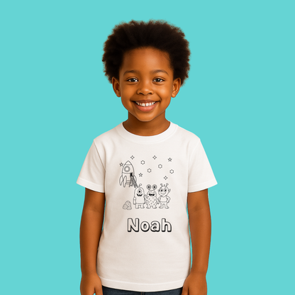 Child wearing a white t-shirt with cartoon characters and 'Noah' printed on it against a blue background