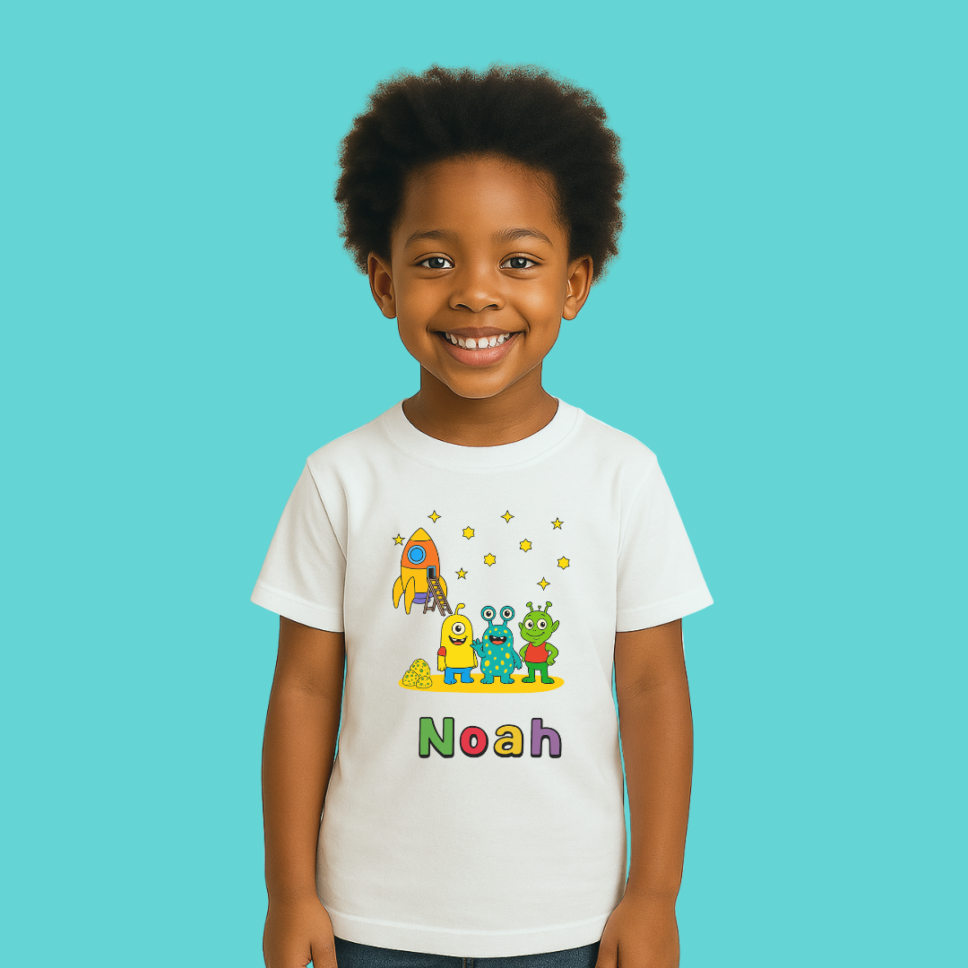 Child wearing a white t-shirt with colorful alien design and 'Noah' text on a blue background