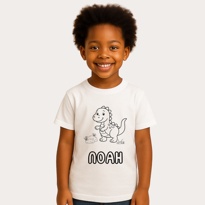 Child wearing a white t-shirt with a dinosaur graphic and the name 'Noah' on a white background