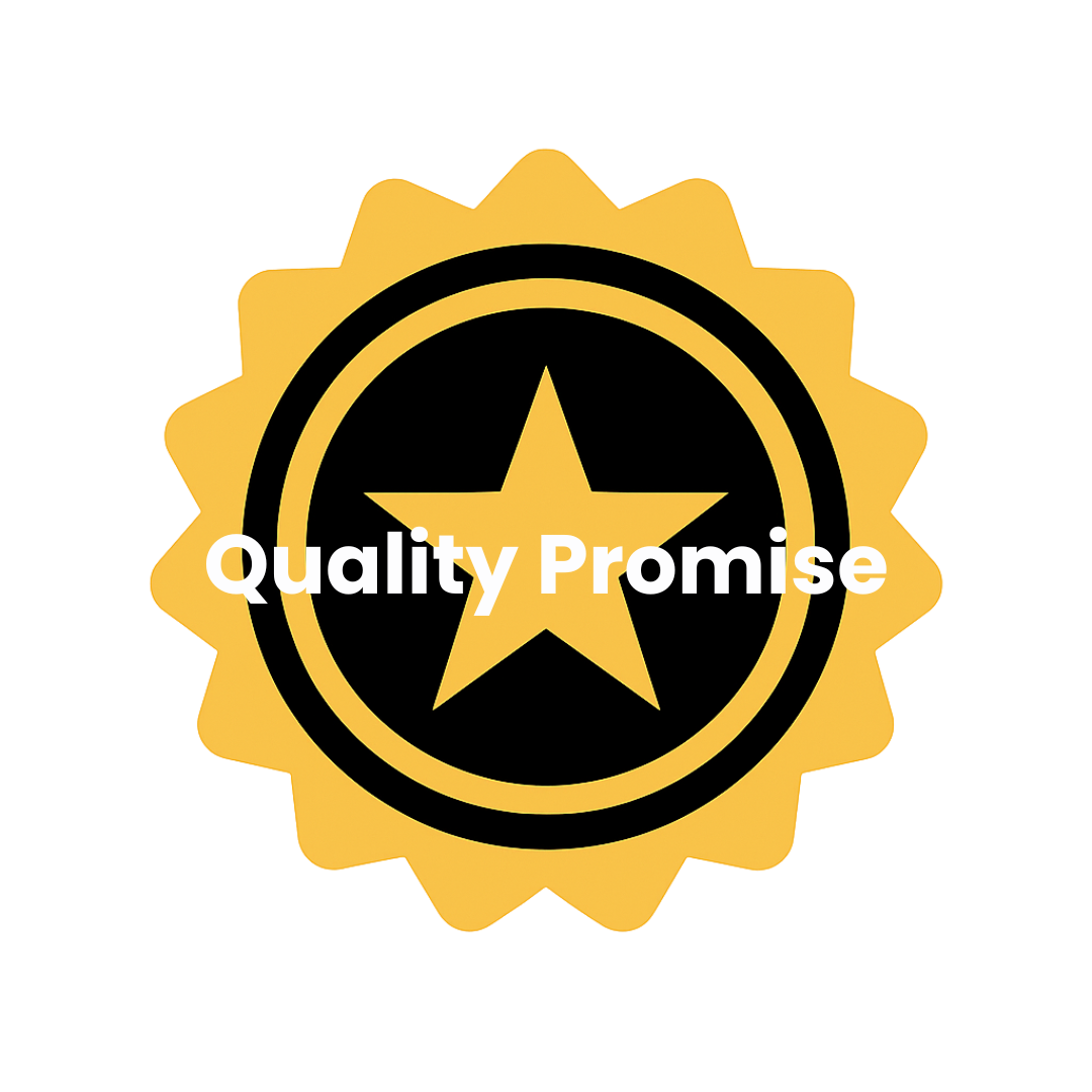 Logo with a yellow star and 'Quality Promise' text on a white background