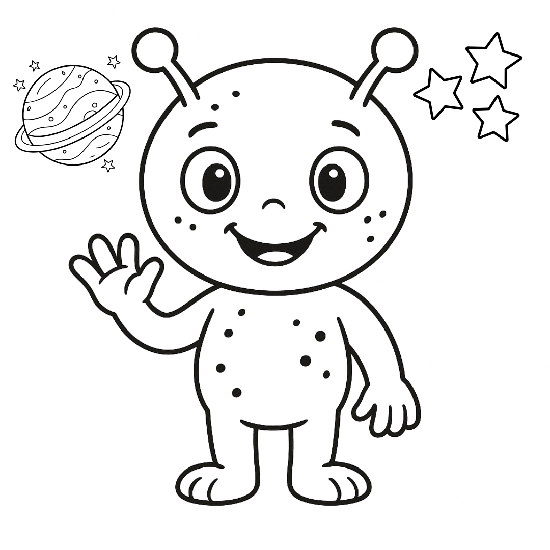 Cartoon alien character with antennas, a planet, and stars on a white background