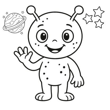 Cartoon alien character with antennas, a planet, and stars on a white background