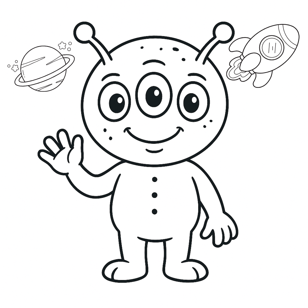 Cartoon alien character with space elements on a white background