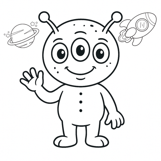 Cartoon alien character with space elements on a white background