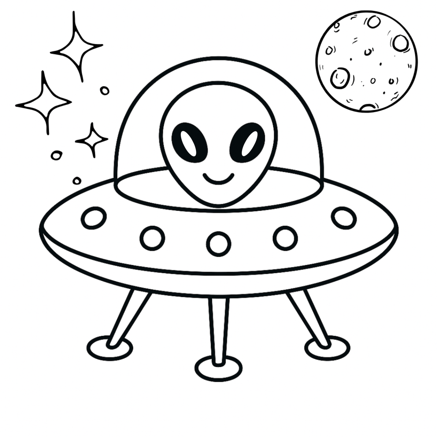 Cartoon UFO with an alien face, stars, and a moon on a white background