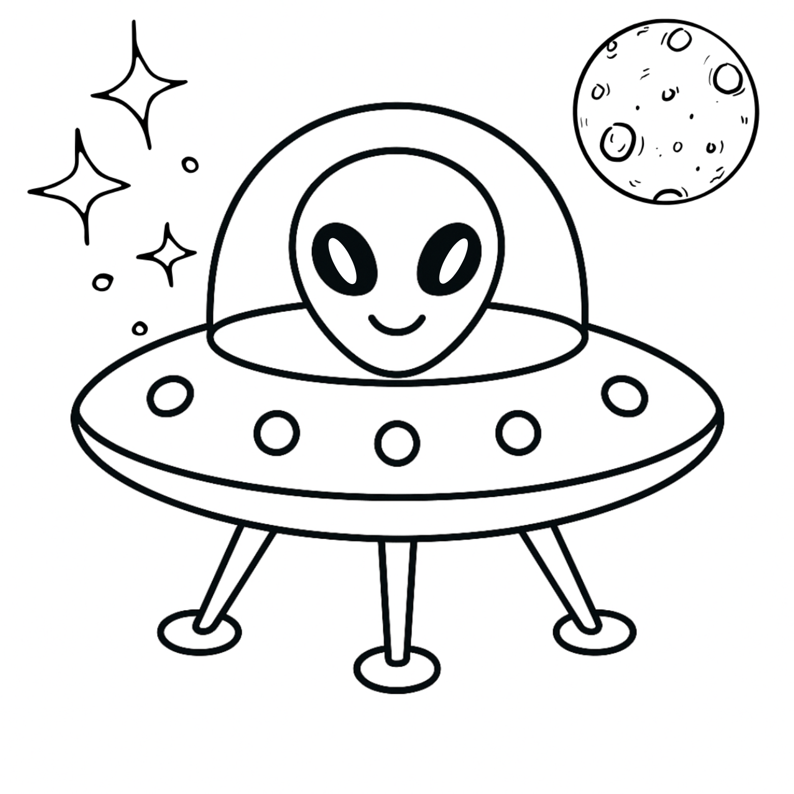 Cartoon UFO with an alien face, stars, and a moon on a white background